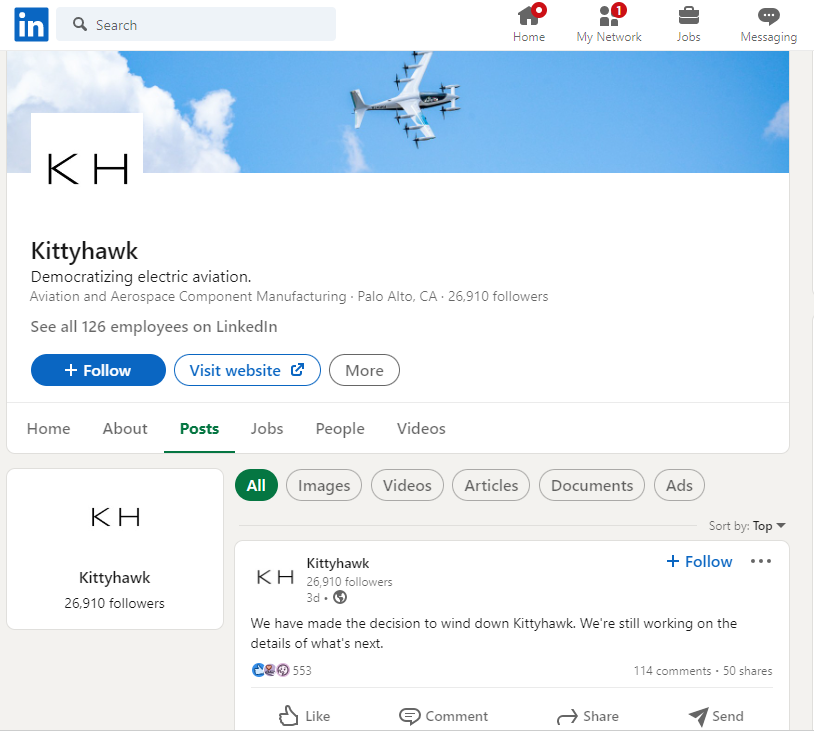 Painful end of Kittyhawk - LinkedIn Announcement