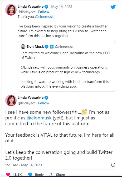 Linda Yaccarino Tweet on taking over and Elon Musk's welcome tweet